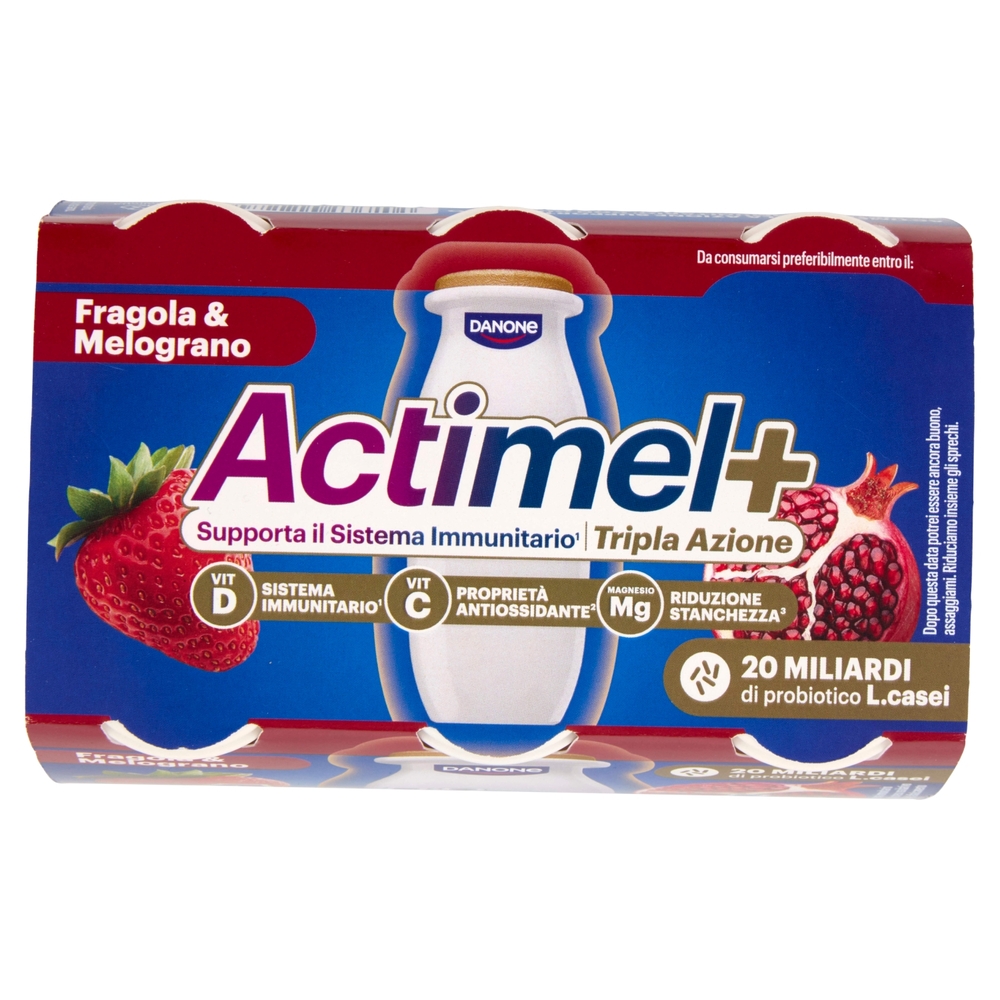 ACTIMEL Tripla Azione, Yogurt da Bere con Vit D e C e Magnesio, gusto Fragola&Melograno,6x100g